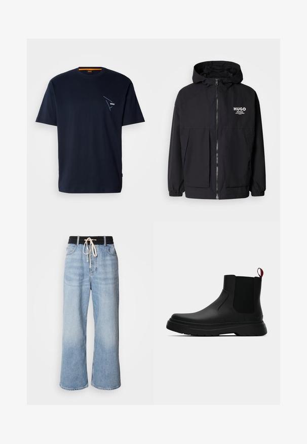 Čierna kapucňová bunda s plným predným zipsom, elastickými manžetami a dvojitými prednými vreckami. Tlačené logo na ľavej hrudi. Hladký povrch.; Námornícky modré bavlnené tričko s krátkymi rukávmi, okrúhlym výstrihom a bielym logom na ľavej strane hrude. Hladká textúra. Štandardný strih.; Svetlomodré široké džínsy s čiernym elastickým pásom, vybavené šnúrkovým zapínaním a klasickým dizajnom s piatimi vreckami.; Čierne členkové topánky s hladkým povrchom, elastickými bočnými panelmi a kontrastným červeným poutkom, vybavené hrubou gumovou podrážkou a zaoblenou špičkou.