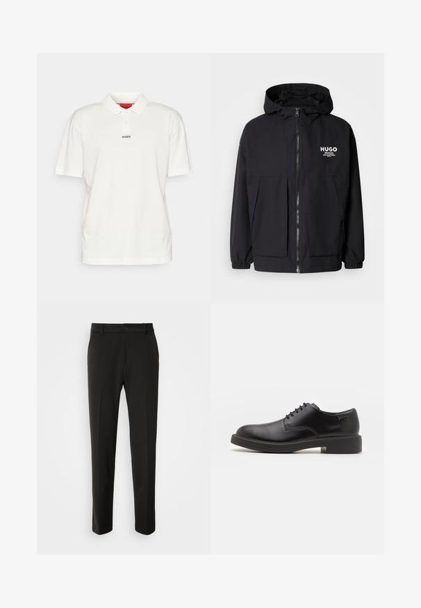 Fekete kapucnis dzseki, teljes elülső cipzárral, elasztikus mandzsettákkal és két elülső zsebbel. Nyomtatott logó a bal mellen. Simább textúra.; HUGO DANGULA - Pólóing - open white; Fekete nadrág sima szövetből, egyenes lábakkal, gombos záródással és klasszikus designnal, amely alkalmas formális vagy hétköznapi viseletre.; Fekete bőrcipő, kerek orrú, sima felületű, minimális varrással és alacsony gumitalppal. Logó a sarokrészen.