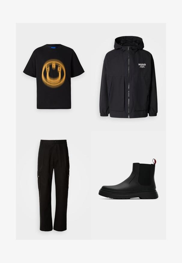 Svart hettegenser med full frontglidelås, elastiske mansjetter og doble frontlommer. Trykt logo på venstre bryst. Glatt tekstur.; Svart bomulls t-skjorte med kort erm som har et sirkulært, falmet gult grafisk motiv av et smilende ansikt på forsiden.; Svart cargobukse laget av bomull med avslappet passform, med sidelommer, knappeåpning og rette ben. Enkelt design uten mønstre.; Sorte ankelstøvler med en glat overflade, elastiske sidepaneler og en kontrastfyldt rød trækflik, med en tykk gummisål og rund tå.