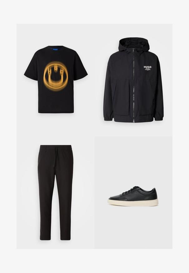 Černá kapucňová bunda s plným předním zipem, elastickými manžetami a dvojitými předními kapsami. Tištěné logo na levém prsu. Hladká textura.; Černé bavlněné tričko s krátkým rukávem, které na přední straně zdobí kruhový, vybledlý žlutý obrázek usmívající se tváře.; Černé teplákové kalhoty vyrobené z hladké látky. Mají elastický pas se šňůrkou, zúžené nohavice a žádné viditelné kapsy. Jednoduchý design.; Černé kožené nízké tenisky s černými tkaničkami a slonovinovou podešví, zobrazené v bočním profilu na bílém pozadí.