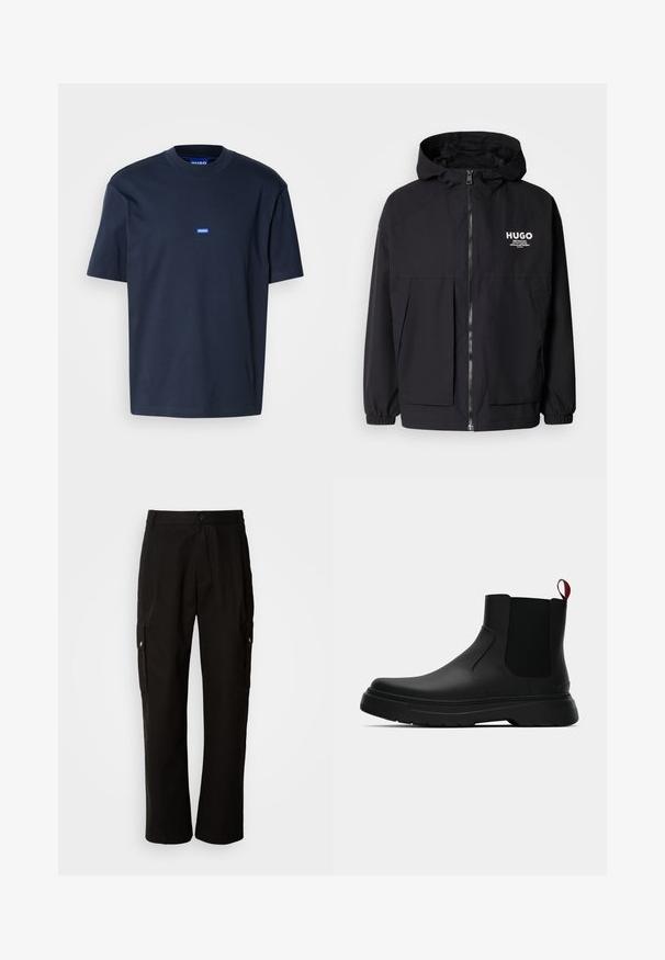 Fekete kapucnis dzseki, teljes elülső cipzárral, elasztikus mandzsettákkal és két elülső zsebbel. Nyomtatott logó a bal mellen. Simább textúra.; Sötétkék pamut póló, kerek nyakkivágással, rövid ujjakkal és egy kis kék logóval a mellkasán. Simaszerkezet, laza szabás.; Fekete vászont nadrág laza szabással, oldalsó zsebekkel, gombos záródással és egyenes lábakkal. Egyszerű minta nélküli design.; Fekete bokacipő sima felülettel, ruganyos oldalsó panelek és kontrasztos piros húzópánt jellemzi, vastag gumitalppal és lekerekített orral.