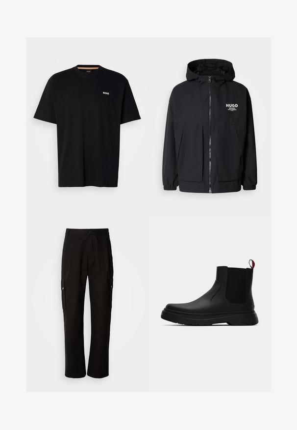 Juodas gobtuvas striukė su pilnu priekiniu užtrauktuku, elastinėmis rankovėmis ir dviem priekinėmis kišenėmis. Spausdintas logo ant kairės krūtinės. Lygus tekstūruotas paviršius.; Juodas medvilnės marškinėliai su apvalia iškirpte ir trumpomis rankovėmis. Ant viršutinės kairės krūtinės pusės yra mažas baltas išsiuvinėtas "BOSS" logotipas.; Juodos krovinių kelnės, pagamintos iš medvilnės, laisvo kirpimo, su šoninėmis kišenėmis, mygtuko uždarymu ir tiesiomis kojomis. Paprastas dizainas, be raštų.; Juodas kulkšninis batas su lygiu paviršiumi, elastiniais šonų intarpais ir kontrastingu raudonu kilimėliu, turintis storą guminį pado ir apvalią nosį.