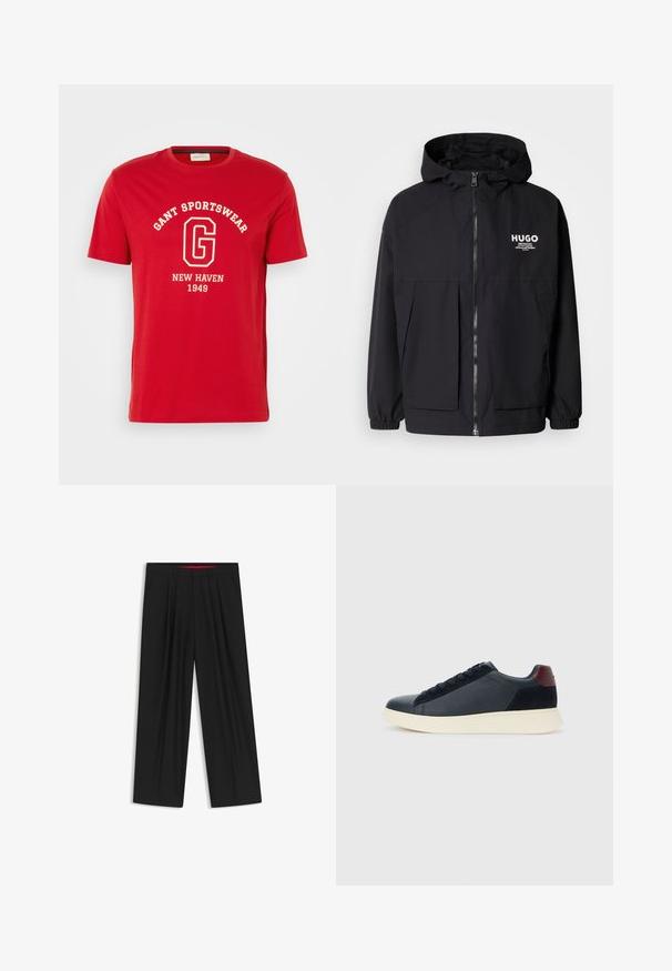 Zwarte hoodie-jack met een volledige rits aan de voorkant, elastische manchetten en twee voorzakken. Gedrukt logo op de linkerborst. Glad textuur.; Rode T-shirt met korte mouwen van katoen, met een witte tekstprint van "GANT SPORTSWEAR" en "NEW HAVEN 1949" in een klassieke lettertype.; Zwarte wijde broek met een vlakke voorkant, twee zijzakken, geplooid ontwerp en een contrasterende rode binnenband.; Lage herensneaker van zwart leer en suede met een bordeauxrode hieltab en een witte rubberen zool, gezien vanuit de buitenkant.