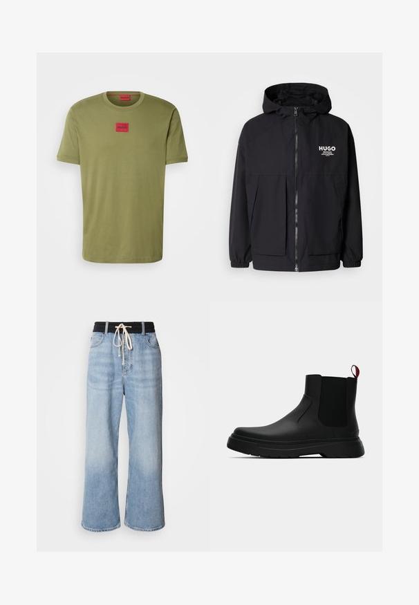 Melnā kapuce jaka ar pilnu priekšējo rāvējslēdzēju, elastīgām piedurknēm un divām priekšējām kabatām. Izdrukāts logo kreisajā krūtī. Gluda tekstūra.; HUGO DIRAGOLINO - Pamata T-krekls - open green; Gaiši zili plati bikses ar melnu elastīgu jostu, kam ir aukliņas aizdare un klasiskā piecu kabatu dizains.; Melnas potītes ar gludu apdari, elastīgiem sānu paneļiem un kontrastējošu sarkano cilpu, aprīkotas ar biezu gumijas zoli un noapaļotu purngalu.
