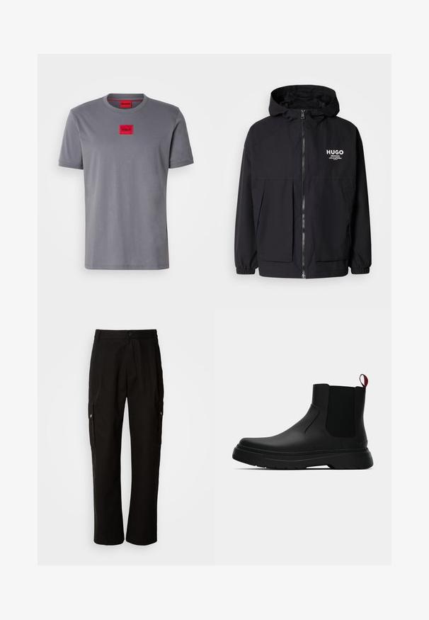 Fekete kapucnis dzseki, teljes elülső cipzárral, elasztikus mandzsettákkal és két elülső zsebbel. Nyomtatott logó a bal mellen. Simább textúra.; Szürke, rövid ujjú pamut póló, középen egy kis piros, téglalap alakú logóval, amelyen a "HUGO" felirat áll. Kerek nyakkivágás.; Fekete vászont nadrág laza szabással, oldalsó zsebekkel, gombos záródással és egyenes lábakkal. Egyszerű minta nélküli design.; Fekete bokacipő sima felülettel, ruganyos oldalsó panelek és kontrasztos piros húzópánt jellemzi, vastag gumitalppal és lekerekített orral.