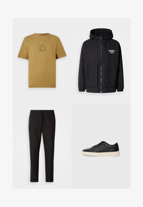 Černá kapucňová bunda s plným předním zipem, elastickými manžetami a dvojitými předními kapsami. Tištěné logo na levém prsu. Hladká textura.; Hedvábný bavlněný tričko s krátkým rukávem hořčicové barvy s kulatým výstřihem. Uprostřed je jednoduché černé logo usmívající se tváře. Hladký povrch.; Černé teplákové kalhoty vyrobené z hladké látky. Mají elastický pas se šňůrkou, zúžené nohavice a žádné viditelné kapsy. Jednoduchý design.; Černé kožené nízké tenisky s černými tkaničkami a slonovinovou podešví, zobrazené v bočním profilu na bílém pozadí.