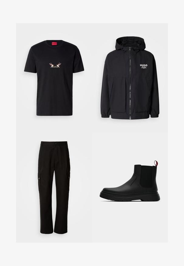 Černá kapucňová bunda s plným předním zipem, elastickými manžetami a dvojitými předními kapsami. Tištěné logo na levém prsu. Hladká textura.; Černé bavlněné tričko s předním potiskem obsahujícím slovo "HUGO" a dva stylizované vzory ptáků v světle a tmavých barvách.; Černé cargo kalhoty vyrobené z bavlny s uvolněným střihem, vybavené bočními kapsami, zapínáním na knoflík a rovnými nohavicemi. Jednoduchý design bez vzorů.; Černé kotníkové boty s hladkým povrchem, elastickými bočními panely a kontrastním červeným poutkem, s tlustou gumovou podrážkou a zaoblenou špičkou.