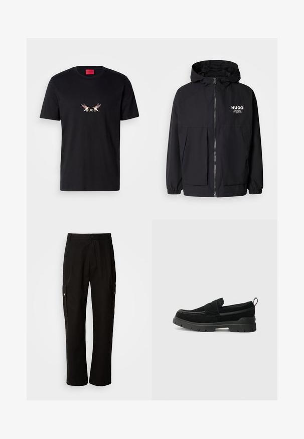 Svart hettegenser med full frontglidelås, elastiske mansjetter og doble frontlommer. Trykt logo på venstre bryst. Glatt tekstur.; Svart bomull t-skjorte med et frontgrafikk som har ordet "HUGO" og to stiliserte fugledesign i lyse og mørke farger.; Svart cargobukse laget av bomull med avslappet passform, med sidelommer, knappeåpning og rette ben. Enkelt design uten mønstre.; Sorte semsket slip-on sko med en tykk svart gummibase, med en toppstropp og kontrasterende sømdetaljer.
