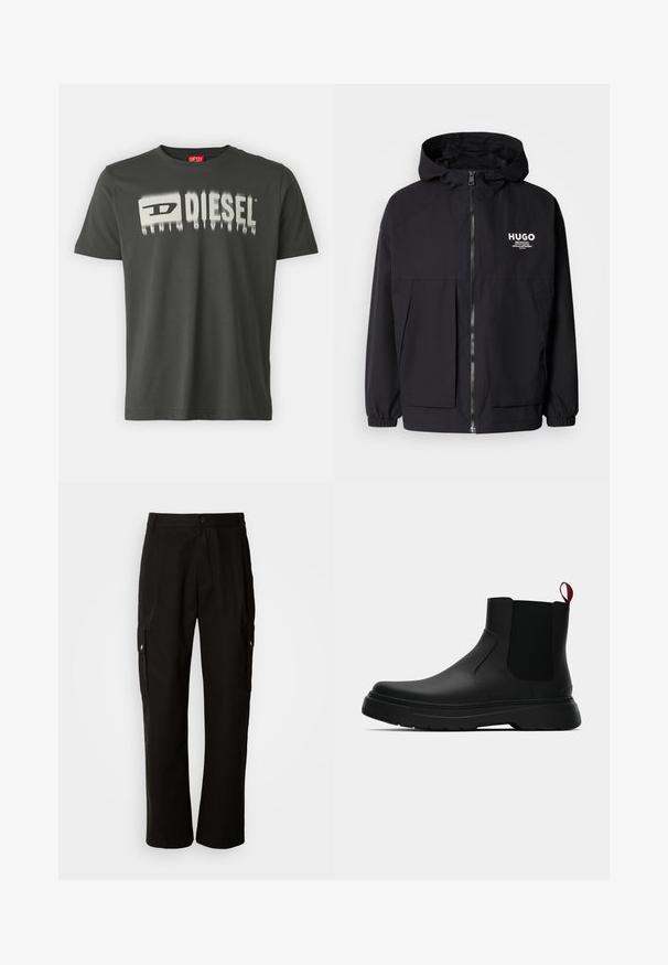 Schwarze Kapuzenjacke mit einem durchgehenden Reißverschluss an der Vorderseite, elastischen Bündchen und zwei vorderen Taschen. Bedrucktes Logo auf der linken Brust. Glatte Textur.; Dunkelgraues Baumwoll-T-Shirt mit einem weißen Grafikdruck, der "DIESEL" in einem verschwommenen Effekt zeigt. Rundhalsausschnitt, kurze Ärmel und normale Passform.; Schwarze Cargo-Hosen aus Baumwolle mit lockerem Schnitt, seitlichen Taschen, Knopfverschluss und geradem Bein. Einfaches Design ohne Muster.; Schwarze Knöchelstiefel mit glatter Oberfläche, elastischen Seitenpaneelen und einem kontrastierenden roten Zuglasche, ausgestattet mit einer dicken Gummisohle und einer runden Zehenpartie.