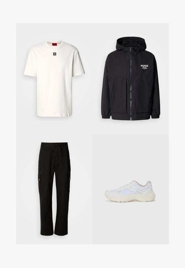Czarna kurtka z kapturem z pełnym zamkiem z przodu, elastycznymi mankietami i podwójnymi kieszeniami z przodu. Drukowane logo na lewej piersi. Gładka faktura.; Biała bawełniana koszulka z okrągłym dekoltem, krótkimi rękawami i małym czarnym kwadratowym logo z napisem "HUGO" na piersi. Prosty design, miękka faktura.; Czarne spodnie cargo wykonane z bawełny, o luźnym kroju, z bocznymi kieszeniami, z zapięciem na guzik i prostymi nogawkami. Prosty design bez wzorów.; Białe sportowe buty wykonane z siateczki i zamszu, z teksturowaną podeszwą środkową, teksturowanymi akcentami i logo "HUGO" z boku.
