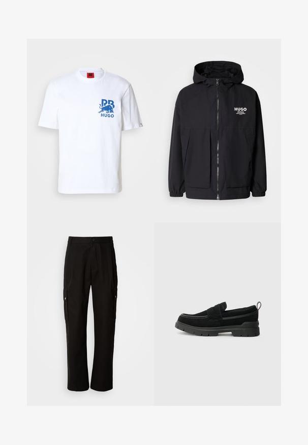 Fekete kapucnis dzseki, teljes elülső cipzárral, elasztikus mandzsettákkal és két elülső zsebbel. Nyomtatott logó a bal mellen. Simább textúra.; Fehér pamut póló, kék bika grafikával és "HUGO" felirattal. Kerek nyakú, rövidujjú, laza fazonú.; Fekete vászont nadrág laza szabással, oldalsó zsebekkel, gombos záródással és egyenes lábakkal. Egyszerű minta nélküli design.; Fekete szarvasbőr, slip-on stílusú cipők vastag fekete gumitalppal, felső pánttal és kontrasztos varrási részletekkel.