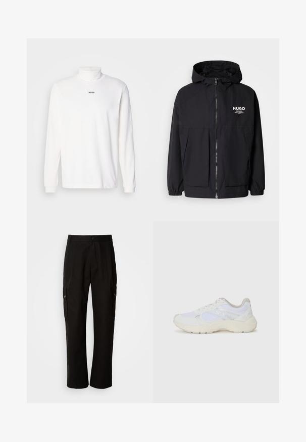 Crna kapuljača s punim prednjim zatvaračem, elastičnim rukavima i dvostrukim prednjim džepovima. Ispisani logo na lijevoj strani prsnog koša. Glatka tekstura.; Bijela dugá majica s visokim ovratnikom izrađena od mekanog materijala, s diskretnim crnim logotipom "HUGO" sprijeda, s pripijenim manžetama.; Crne cargo hlače od pamuka s opuštenim krojem, koje imaju bočne džepove, kopčanje na gumb i ravne nogavice. Jednostavan dizajn bez uzoraka.; Bijele atletske tenisice napravljene od mrežastog materijala i kože antilop, s teksturiranom srednjom potplatom, teksturiranim detaljima i "HUGO" logotipom sa strane.