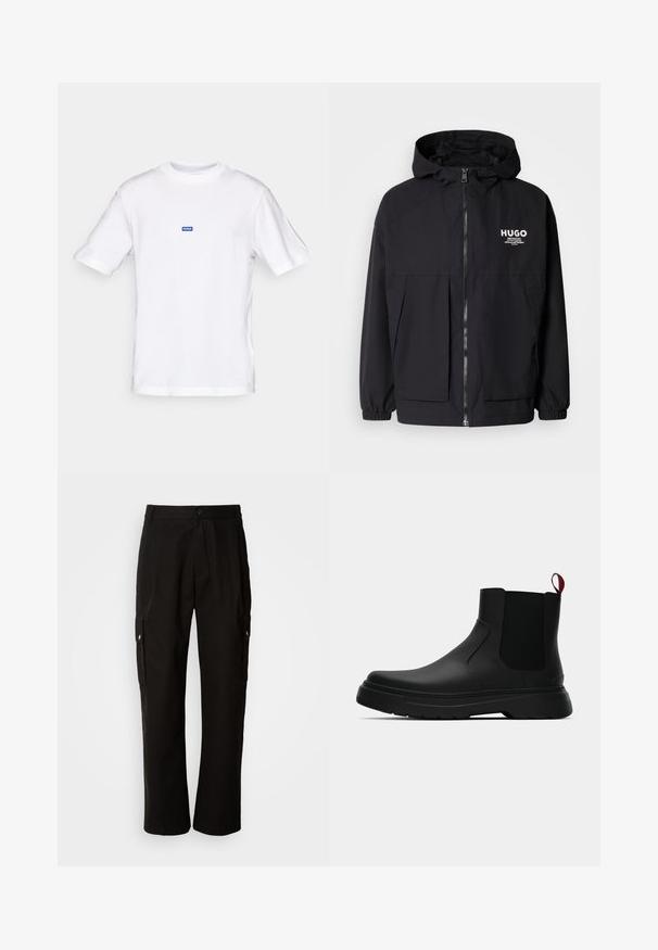 Melnā kapuce jaka ar pilnu priekšējo rāvējslēdzēju, elastīgām piedurknēm un divām priekšējām kabatām. Izdrukāts logo kreisajā krūtī. Gluda tekstūra.; Baltas kokvilnas T-krekls ar īsām piedurknēm, apaļu kakla izgriezumu un mazu zilu "HUGO" etiķeti augšējā krūšu daļā. Gluda tekstūra, klasiskā piegriezuma.; Melnas kokvilnas kravas bikses ar brīvu piegriezumu, ar sānu kabatām, pogu aizdari un taisnām kājām. Vienkāršs dizains bez rakstiem.; Melnas potītes ar gludu apdari, elastīgiem sānu paneļiem un kontrastējošu sarkano cilpu, aprīkotas ar biezu gumijas zoli un noapaļotu purngalu.