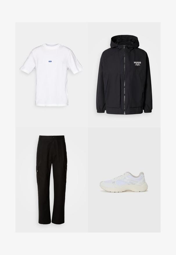 Black hooded jacket featuring a full front zip, elastic cuffs, and dual front pockets. Printed logo on the left chest. Smooth texture.; White cotton t-shirt with short sleeves, crew neck, and a small blue "HUGO" label on the upper chest. Smooth texture, classic fit.; Black cargo pants made of cotton with a relaxed fit, featuring side pockets, a button closure, and straight legs. Simple design without patterns.; White athletic shoes made of mesh and suede, featuring a textured midsole, textured accents, and "HUGO" logo on the side.