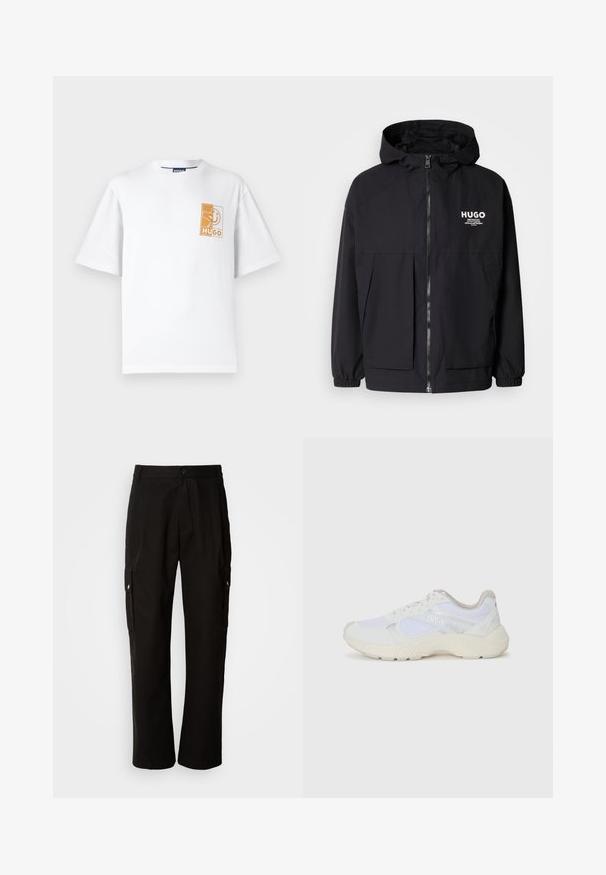 Fekete kapucnis dzseki, teljes elülső cipzárral, elasztikus mandzsettákkal és két elülső zsebbel. Nyomtatott logó a bal mellen. Simább textúra.; Fehér, pamut póló kerek nyakkal, rövid ujjal, bal mellrészen egy téglalap alakú narancssárga grafikával, rajta a "HUGO" felirattal.; Fekete vászont nadrág laza szabással, oldalsó zsebekkel, gombos záródással és egyenes lábakkal. Egyszerű minta nélküli design.; Fehér sportcipők, amelyek hálós és velúr anyagból készültek, texturált középtalppal, texturált részletekkel és a "HUGO" logóval az oldalon.