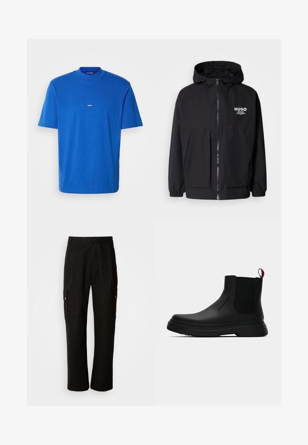 Fekete kapucnis dzseki, teljes elülső cipzárral, elasztikus mandzsettákkal és két elülső zsebbel. Nyomtatott logó a bal mellen. Simább textúra.; Kék pamut póló rövid ujjakkal, kerek nyakkal és egy kis logóval a mellkasán. Sima textúrájú, lazán illeszkedő fazon.; Fekete vászont nadrág laza szabással, oldalsó zsebekkel, gombos záródással és egyenes lábakkal. Egyszerű minta nélküli design.; Fekete bokacipő sima felülettel, ruganyos oldalsó panelek és kontrasztos piros húzópánt jellemzi, vastag gumitalppal és lekerekített orral.