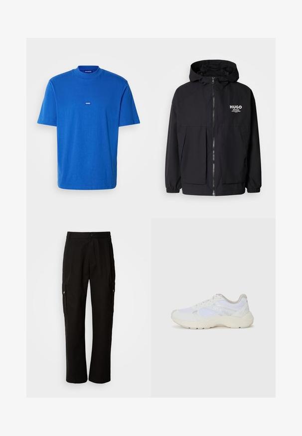 Mustat hupparitakki, jossa on täysipituinen vetoketju, joustavat hihansuut ja kaksinkertaiset etupussit. Vasemmassa rinnassa painettu logo. Sileä tekstuuri.; Sininen puuvillainen T-paita, jossa on lyhyet hihat, pyöreä kaula-aukko ja pieni logopatch rinnan kohdalla. Sujuva pinta ja rento malli.; Mustat cargo-housut puuvillasta, joissa on rento istuvuus, sivutaskut, nappikiinnitys ja suorat lahkeet. Yksinkertainen muotoilu ilman kuvioita.; Valkoiset urheilukengät, jotka on valmistettu verkkokankaasta ja mokasta, sisältävät tekstuurillisen välipohjan, teksturoituja yksityiskohtia ja "HUGO"-logon sivussa.