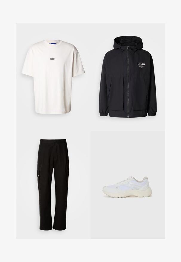 Mustat hupparitakki, jossa on täysipituinen vetoketju, joustavat hihansuut ja kaksinkertaiset etupussit. Vasemmassa rinnassa painettu logo. Sileä tekstuuri.; Valkoinen puuvillapaita, jossa on pyöreä kaula-aukko ja lyhyet hihat. Paidassa on pieni musta suorakaiteen muotoinen logo, jossa lukee "HUGO" rintapielessä.; Mustat cargo-housut puuvillasta, joissa on rento istuvuus, sivutaskut, nappikiinnitys ja suorat lahkeet. Yksinkertainen muotoilu ilman kuvioita.; Valkoiset urheilukengät, jotka on valmistettu verkkokankaasta ja mokasta, sisältävät tekstuurillisen välipohjan, teksturoituja yksityiskohtia ja "HUGO"-logon sivussa.