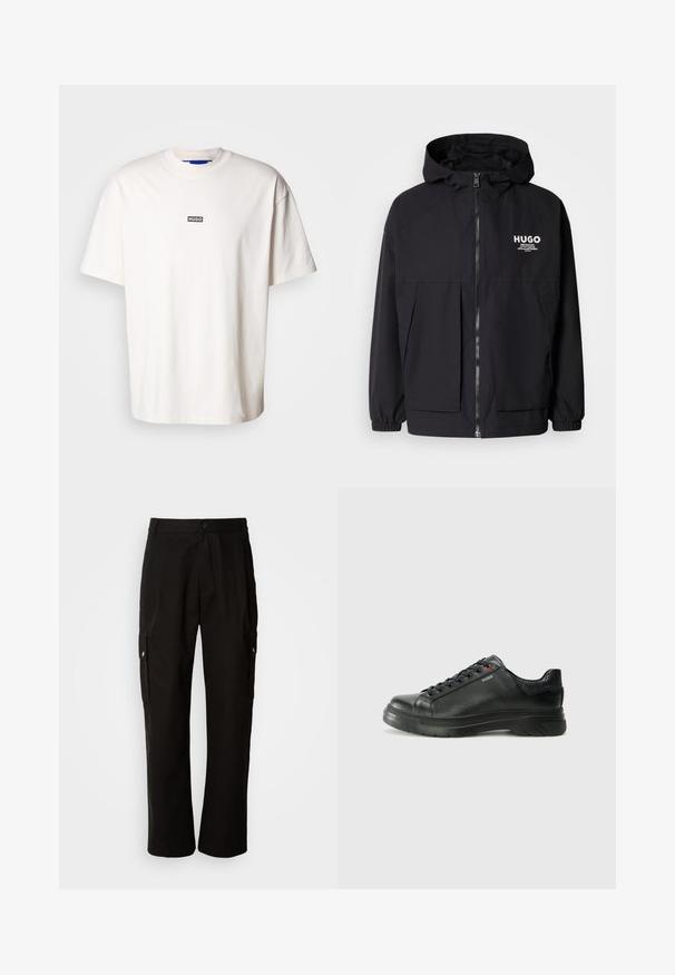 Zwarte hoodie-jack met een volledige rits aan de voorkant, elastische manchetten en twee voorzakken. Gedrukt logo op de linkerborst. Glad textuur.; Witte katoenen t-shirt met een ronde hals en korte mouwen, met een klein zwart rechthoekig logo met de tekst "HUGO" op de borst.; Zwarte cargobroek van katoen met een relaxte pasvorm, voorzien van zijzakken, een knoopsluiting en rechte pijpen. Eenvoudig ontwerp zonder patronen.; Zwarte leren sneaker met een gestructureerde bovenkant, gevoerde kraag en rode logo-details. Heeft een dikke rubberen zool met een opvallend loopvlakpatroon.