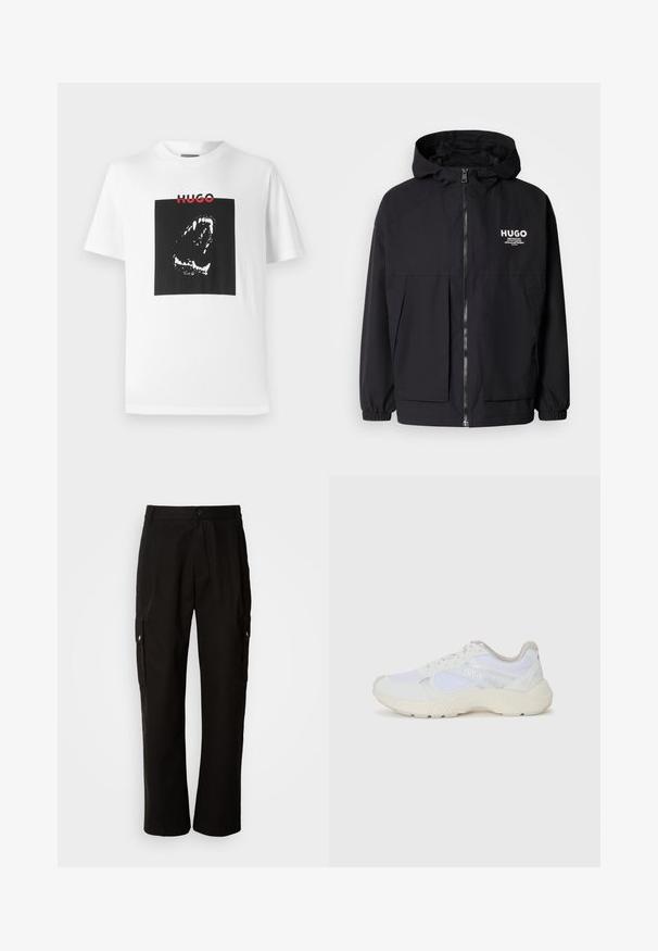 Chaqueta negra con capucha que presenta un cierre frontal completo, puños elásticos y dos bolsillos frontales. Logo impreso en el lado izquierdo del pecho. Textura suave.; Camiseta blanca de algodón con un gran gráfico cuadrado negro que presenta una ilustración de una boca estilizada y el texto rojo "HUGO" en la parte superior.; Pantalones cargo negros de algodón con un corte relajado, que cuentan con bolsillos laterales, cierre de botón y perneras rectas. Diseño simple sin patrones.; Zapatillas deportivas blancas hechas de malla y ante, con una entresuela texturizada, acentos texturizados y el logo "HUGO" en el lateral.