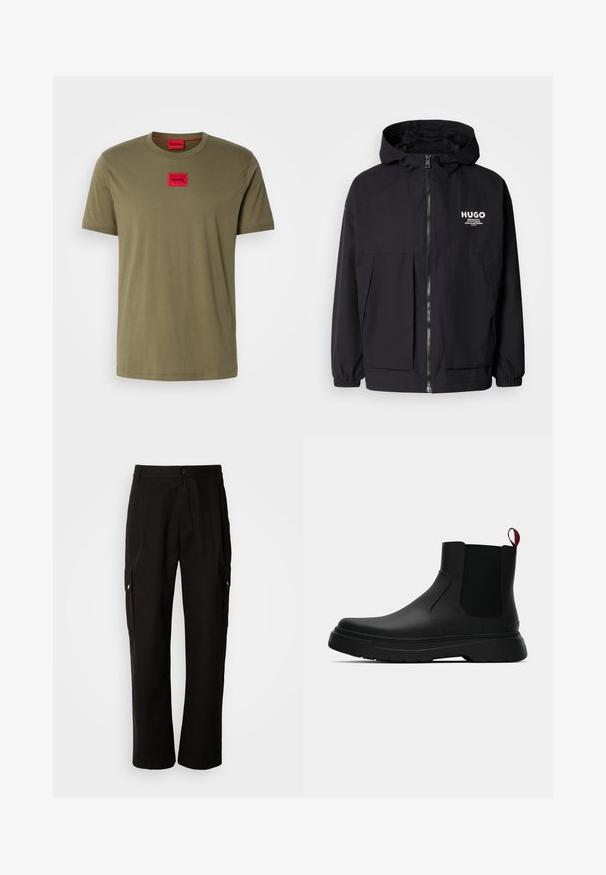 Melnā kapuce jaka ar pilnu priekšējo rāvējslēdzēju, elastīgām piedurknēm un divām priekšējām kabatām. Izdrukāts logo kreisajā krūtī. Gluda tekstūra.; Olivza zaļa kokvilnas T-kreklu ar apaļu kakla izgriezumu, īsām piedurknēm un sarkanu kvadrātveida logo uzšuvumu uz krūšu daļas. Gluda tekstūra.; Melnas kokvilnas kravas bikses ar brīvu piegriezumu, ar sānu kabatām, pogu aizdari un taisnām kājām. Vienkāršs dizains bez rakstiem.; Melnas potītes ar gludu apdari, elastīgiem sānu paneļiem un kontrastējošu sarkano cilpu, aprīkotas ar biezu gumijas zoli un noapaļotu purngalu.
