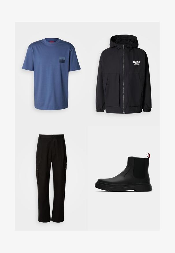Melnā kapuce jaka ar pilnu priekšējo rāvējslēdzēju, elastīgām piedurknēm un divām priekšējām kabatām. Izdrukāts logo kreisajā krūtī. Gluda tekstūra.; Zils īsām piedurknēm T-krekls, kas izgatavots no mīksta kokvilnas, ar kvadrātu kabatu un tumši zilā krāsā izstrādātu logotipu. Klasisks apaļais kakla izgriezums.; Melnas kokvilnas kravas bikses ar brīvu piegriezumu, ar sānu kabatām, pogu aizdari un taisnām kājām. Vienkāršs dizains bez rakstiem.; Melnas potītes ar gludu apdari, elastīgiem sānu paneļiem un kontrastējošu sarkano cilpu, aprīkotas ar biezu gumijas zoli un noapaļotu purngalu.