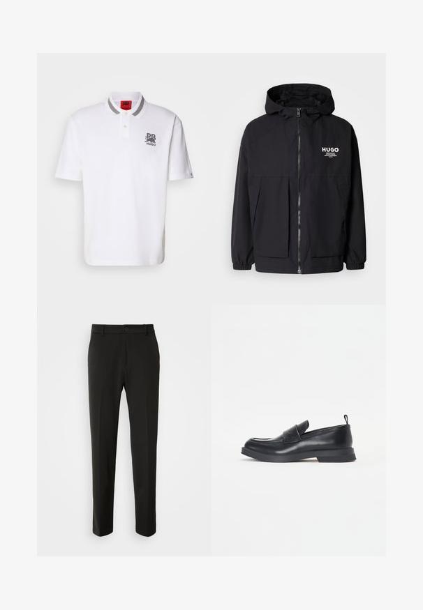 Juodas gobtuvas striukė su pilnu priekiniu užtrauktuku, elastinėmis rankovėmis ir dviem priekinėmis kišenėmis. Spausdintas logo ant kairės krūtinės. Lygus tekstūruotas paviršius.; Balta polo marškinėliai pagaminti iš medvilnės, su dviem mygtukų užsegimais, pilkai dryžuota apykakle ir juodu išsiuvinėtu logotipu kairėje krūtinės pusėje.; Juodi kelnes, pagamintos iš lygaus audinio, su tiesiomis kojomis, mygtuko uždarymu ir klasikiniu dizainu, tinkamu tiek formaliai, tiek kasdienei aprangai.; Juodų odinių loaferių su apvaliu pirštu, priekinio dirželio detalėmis ir žemu guminio pado. Savybė - subtilus siuvinėjimas ir galinis tamprinis kilpos gaminys.