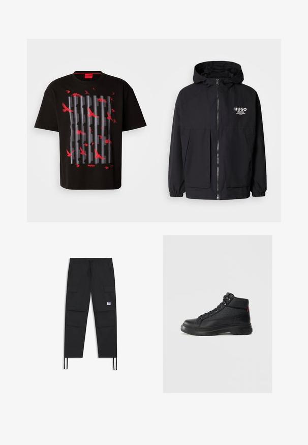 Chaqueta negra con capucha que presenta un cierre frontal completo, puños elásticos y dos bolsillos frontales. Logo impreso en el lado izquierdo del pecho. Textura suave.; Camiseta negra de algodón con un diseño gráfico de líneas grises superpuestas y pájaros rojos. Logo en rojo en la parte inferior. Corte casual y holgado.; Pantalones cargo negros con cintura ajustable mediante cordón, múltiples bolsillos, puño elástico y un sutil parche de logo. Fabricados con tejido ligero.; Zapatilla alta negra con un upper de cuero liso, acentos de textil con patrón, ojales plateados y una suela de goma gruesa. Detalle en rojo en el talón.