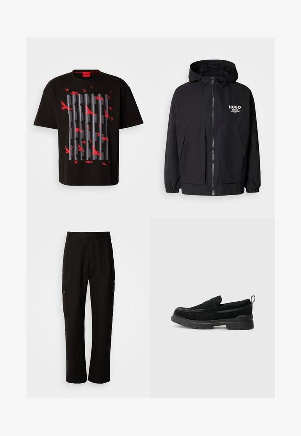 Sort hættejakke med lynlås foran, elastiske manchetter og to foran lommer. Trykt logo på venstre bryst. Glat tekstur.; Sort bomulds T-shirt med et grafisk design af overlappende grå linjer og røde fugle. Logo i rødt nederst. Casual, løs pasform.; Sorte cargo bukser lavet af bomuld med en afslappet pasform, der har sidelommer, knaplukning og lige ben. Enkel design uden mønstre.; Sorte ruskinds slip-on sko med en tyk sort gummisål, der har en toprem og kontrasterende syninger.