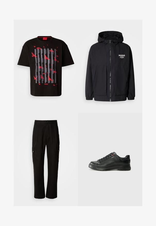 Sort hættejakke med lynlås foran, elastiske manchetter og to foran lommer. Trykt logo på venstre bryst. Glat tekstur.; Sort bomulds T-shirt med et grafisk design af overlappende grå linjer og røde fugle. Logo i rødt nederst. Casual, løs pasform.; Sorte cargo bukser lavet af bomuld med en afslappet pasform, der har sidelommer, knaplukning og lige ben. Enkel design uden mønstre.; Sorte lædersneakers med tekstureret overdel, polstret krave og rødt logo-detajle. Har en tyk gummisål med tydeligt mønster.
