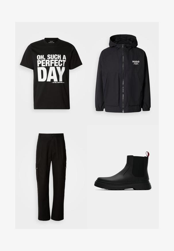 Must tumes jakk, millel on täispikktõmblukk, elastsed mansetid ja kaks esist pocketit. Prinditud logo vasakul rinnal. Sile tekstuur.; Must must-valge T-särk, millel on lühikesed varrukad, valmistatud puuvillast, ja millel on julge valge kiri: "OH, NIISUGUNE TÄIUSLIK PÄEV" viidates Lou Reedi albumile.; Mustad mustadeks rõivasteks mõeldud puuvillased püksid, millel on lõdva istuvuse disain, küljetaskud, nööbiga sulgemine ja sirged sääred. Lihtne disain ilma mustriteta.; Mustad musta värvi ankle boot, millel on sile viimistlus, elastsed külgpaneelid ja kontrastne punane tõmbetaba. Saapadel on paks kummist tald ja ümar varvas.