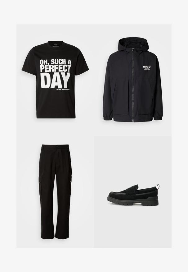Sort hættejakke med lynlås foran, elastiske manchetter og to foran lommer. Trykt logo på venstre bryst. Glat tekstur.; Sort kortærmet T-shirt lavet af bomuld med fed hvid tekst: "ÅH, SÅ EN PERFEKT DAG" med en reference til Lou Reeds album.; Sorte cargo bukser lavet af bomuld med en afslappet pasform, der har sidelommer, knaplukning og lige ben. Enkel design uden mønstre.; Sorte ruskinds slip-on sko med en tyk sort gummisål, der har en toprem og kontrasterende syninger.