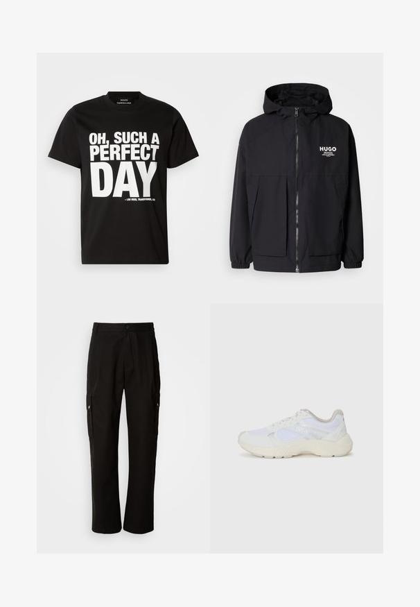 Fekete kapucnis dzseki, teljes elülső cipzárral, elasztikus mandzsettákkal és két elülső zsebbel. Nyomtatott logó a bal mellen. Simább textúra.; Fekete, rövid ujjú pamut póló, merész fehér felirattal: "Ó, MILYEN TÖKÉLETES NAP" Lou Reed albumára utalva.; Fekete vászont nadrág laza szabással, oldalsó zsebekkel, gombos záródással és egyenes lábakkal. Egyszerű minta nélküli design.; Fehér sportcipők, amelyek hálós és velúr anyagból készültek, texturált középtalppal, texturált részletekkel és a "HUGO" logóval az oldalon.