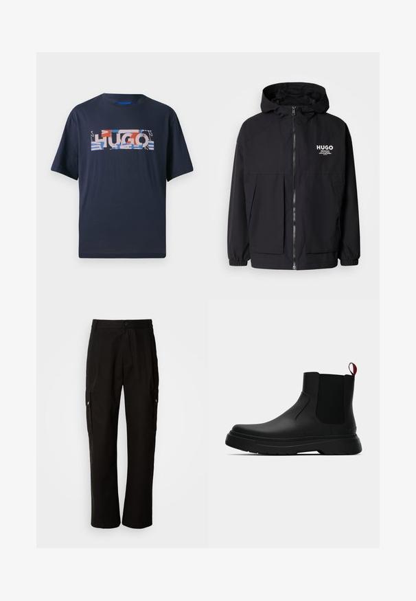Chaqueta negra con capucha que presenta un cierre frontal completo, puños elásticos y dos bolsillos frontales. Logo impreso en el lado izquierdo del pecho. Textura suave.; Camiseta de algodón azul marino de manga corta que presenta un diseño gráfico multicolor de "HUGO" en el frente, con diversas formas y patrones.; Pantalones cargo negros de algodón con un corte relajado, que cuentan con bolsillos laterales, cierre de botón y perneras rectas. Diseño simple sin patrones.; Botín negro con un acabado liso, paneles laterales elásticos y una lengüeta de tirón roja contrastante, que presenta una suela de goma gruesa y punta redondeada.
