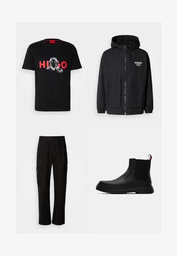 Chaqueta negra con capucha que presenta un cierre frontal completo, puños elásticos y dos bolsillos frontales. Logo impreso en el lado izquierdo del pecho. Textura suave.; Camiseta de algodón negra con un gráfico de una serpiente con acentos rojos y el texto "HUGO" en letras rojas en negrita debajo. Mangas cortas, diseño de cuello redondo.; Pantalones cargo negros de algodón con un corte relajado, que cuentan con bolsillos laterales, cierre de botón y perneras rectas. Diseño simple sin patrones.; Botín negro con un acabado liso, paneles laterales elásticos y una lengüeta de tirón roja contrastante, que presenta una suela de goma gruesa y punta redondeada.