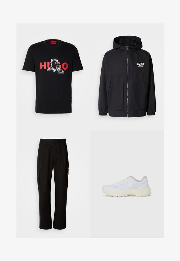 Crna kapuljača s punim prednjim zatvaračem, elastičnim rukavima i dvostrukim prednjim džepovima. Ispisani logo na lijevoj strani prsnog koša. Glatka tekstura.; Crna pamučna majica s grafikom zmije s crvenim akcentima i natpisom "HUGO" u podebljanim crvenim slovima ispod. Kratki rukavi, dizajn s okruglim izrezom.; Crne cargo hlače od pamuka s opuštenim krojem, koje imaju bočne džepove, kopčanje na gumb i ravne nogavice. Jednostavan dizajn bez uzoraka.; Bijele atletske tenisice napravljene od mrežastog materijala i kože antilop, s teksturiranom srednjom potplatom, teksturiranim detaljima i "HUGO" logotipom sa strane.