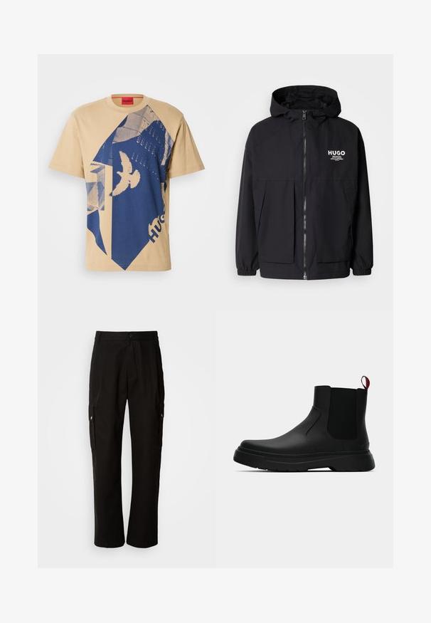 Svart hettegenser med full frontglidelås, elastiske mansjetter og doble frontlommer. Trykt logo på venstre bryst. Glatt tekstur.; Beige bomull t-skjorte med et blått geometrisk mønster og fugledesign. Rød etikett med "HUGO" ved halsen. Korte ermer, rund hals.; Svart cargobukse laget av bomull med avslappet passform, med sidelommer, knappeåpning og rette ben. Enkelt design uten mønstre.; Sorte ankelstøvler med en glat overflade, elastiske sidepaneler og en kontrastfyldt rød trækflik, med en tykk gummisål og rund tå.