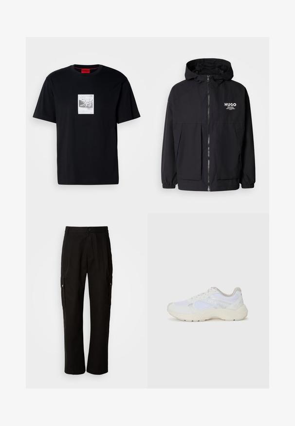 Czarna kurtka z kapturem z pełnym zamkiem z przodu, elastycznymi mankietami i podwójnymi kieszeniami z przodu. Drukowane logo na lewej piersi. Gładka faktura.; Czarna bawełniana koszulka z krótkim rękawem, z graficznym nadrukiem w białej prostokątnej ramce. Czerwony akcent logo w prawym dolnym rogu.; Czarne spodnie cargo wykonane z bawełny, o luźnym kroju, z bocznymi kieszeniami, z zapięciem na guzik i prostymi nogawkami. Prosty design bez wzorów.; Białe sportowe buty wykonane z siateczki i zamszu, z teksturowaną podeszwą środkową, teksturowanymi akcentami i logo "HUGO" z boku.
