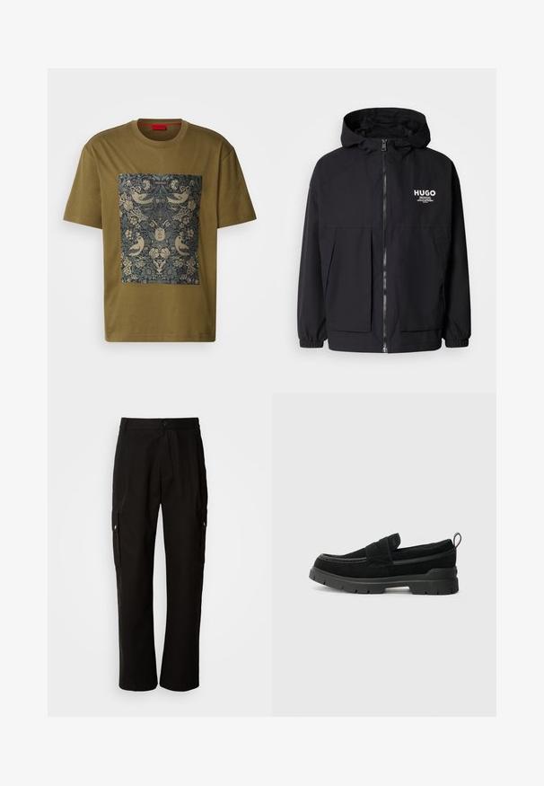 Black hooded jacket featuring a full front zip, elastic cuffs, and dual front pockets. Printed logo on the left chest. Smooth texture.; Olive green cotton t-shirt featuring a rectangular graphic print with intricate floral and bird designs in dark blue and gold tones.; Black cargo pants made of cotton with a relaxed fit, featuring side pockets, a button closure, and straight legs. Simple design without patterns.; Black suede slip-on shoes with a thick black rubber sole, featuring a top strap and contrasting stitching detail.