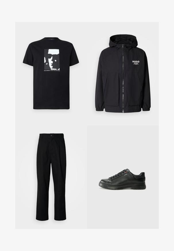 Svart hettegenser med full frontglidelås, elastiske mansjetter og doble frontlommer. Trykt logo på venstre bryst. Glatt tekstur.; Svart bomulls T-skjorte med et sentralt grafikk av et ansikt i hvite og gråtoner, med tekst under i hvit skrift. Klassisk rund hals.; Sorte bukser med rette ben, med knappet liv, belteholdere og frontfold, vist mot en enkel hvit bakgrunn.; Svarte lærsneakers med teksturert overdel, polstret krage og rød logodetalj. Har en tykk gummisåle med tydelig mønster.