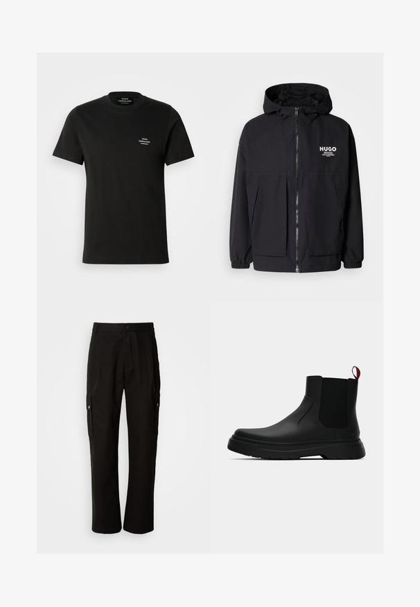 Fekete kapucnis dzseki, teljes elülső cipzárral, elasztikus mandzsettákkal és két elülső zsebbel. Nyomtatott logó a bal mellen. Simább textúra.; Fekete pamut póló rövid ujjal, kerek nyakkivágással, bal mellrészen egy kis fehér logóval. Sima textúra és klasszikus fazon.; Fekete vászont nadrág laza szabással, oldalsó zsebekkel, gombos záródással és egyenes lábakkal. Egyszerű minta nélküli design.; Fekete bokacipő sima felülettel, ruganyos oldalsó panelek és kontrasztos piros húzópánt jellemzi, vastag gumitalppal és lekerekített orral.