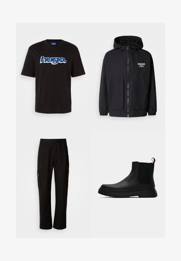 Svart hettegenser med full frontglidelås, elastiske mansjetter og doble frontlommer. Trykt logo på venstre bryst. Glatt tekstur.; Svart bomullst-skjorte med "hugo." logo i blått med et mønsterdesign. Korte ermer og rund hals.; Svart cargobukse laget av bomull med avslappet passform, med sidelommer, knappeåpning og rette ben. Enkelt design uten mønstre.; Sorte ankelstøvler med en glat overflade, elastiske sidepaneler og en kontrastfyldt rød trækflik, med en tykk gummisål og rund tå.