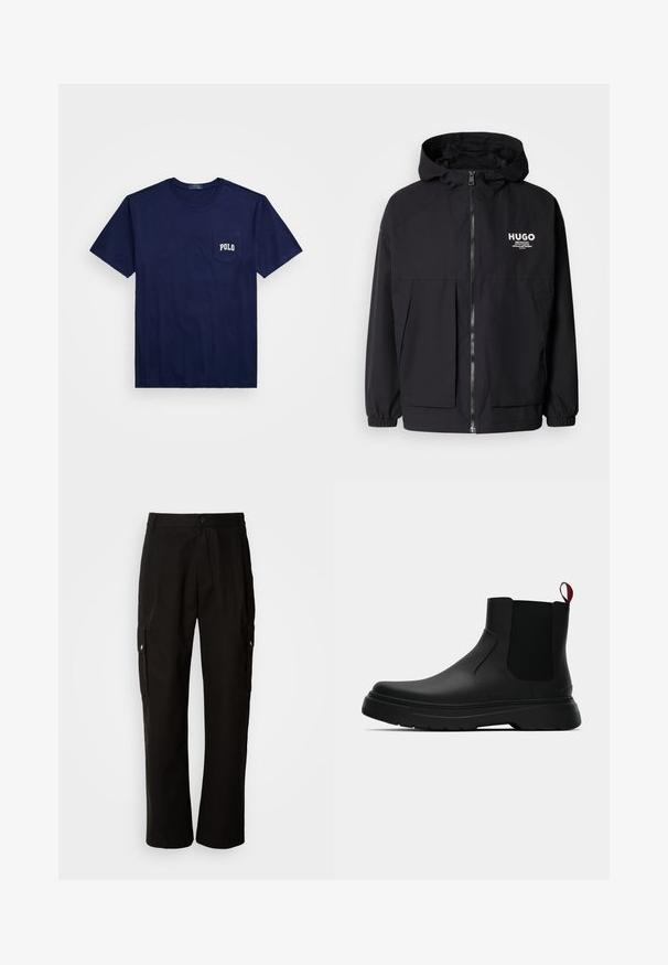 Giacca nera con cappuccio caratterizzata da una zip frontale completa, polsini elasticizzati e due tasche frontali. Logo stampato sul lato sinistro del petto. Texture liscia.; T-shirt in cotone blu navy con scollatura rotonda. Presenta una tasca sul lato sinistro con la scritta "POLO" stampata in bianco. Maniche corte.; Pantaloni cargo neri in cotone con vestibilità comoda, dotati di tasche laterali, chiusura a bottone e gambe dritti. Design semplice senza motivi.; Stivale alla caviglia nero con finitura liscia, pannelli laterali elastici e un tab di presa rosso a contrasto, dotato di una suola in gomma spessa e punta arrotondata.