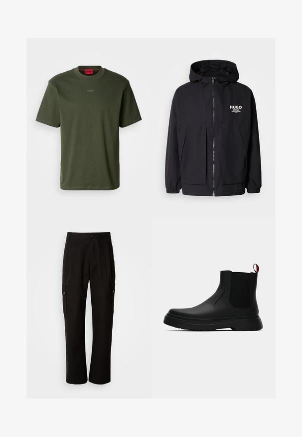 Juodas gobtuvas striukė su pilnu priekiniu užtrauktuku, elastinėmis rankovėmis ir dviem priekinėmis kišenėmis. Spausdintas logo ant kairės krūtinės. Lygus tekstūruotas paviršius.; Kaklo žalios spalvos trumpomis rankovėmis marškinėliai, pagaminti iš medvilnės, su apvalia iškirpte ir subtiliu pilku logotipu krūtinėje. Raudona vidinė apykaklės detalė.; Juodos krovinių kelnės, pagamintos iš medvilnės, laisvo kirpimo, su šoninėmis kišenėmis, mygtuko uždarymu ir tiesiomis kojomis. Paprastas dizainas, be raštų.; Juodas kulkšninis batas su lygiu paviršiumi, elastiniais šonų intarpais ir kontrastingu raudonu kilimėliu, turintis storą guminį pado ir apvalią nosį.