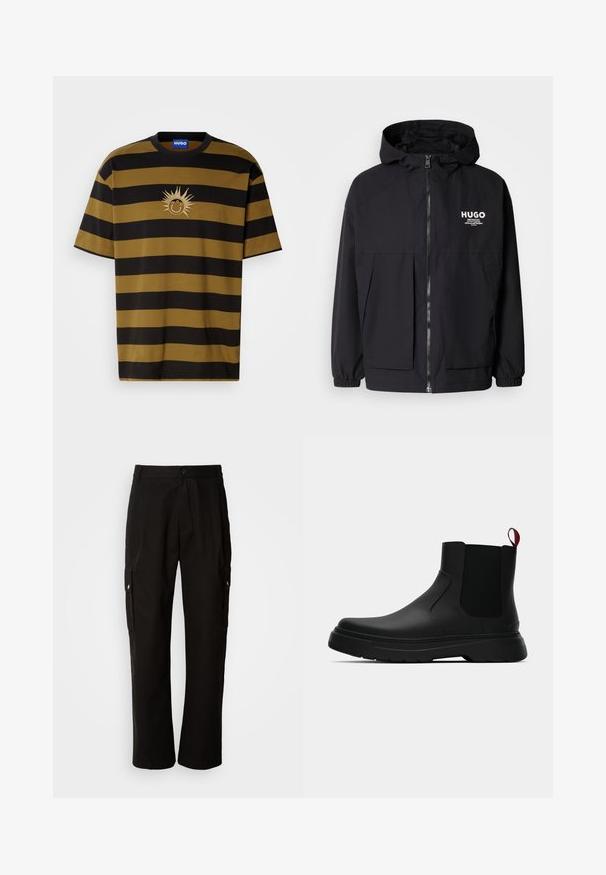 Must tumes jakk, millel on täispikktõmblukk, elastsed mansetid ja kaks esist pocketit. Prinditud logo vasakul rinnal. Sile tekstuur.; Riba t-särk lühikeste varrukatega mustas ja tumerohelises toonis, millel on päikesemotiiv ja "HUGO" bränding kreemjas tikandis.; Mustad mustadeks rõivasteks mõeldud puuvillased püksid, millel on lõdva istuvuse disain, küljetaskud, nööbiga sulgemine ja sirged sääred. Lihtne disain ilma mustriteta.; Mustad musta värvi ankle boot, millel on sile viimistlus, elastsed külgpaneelid ja kontrastne punane tõmbetaba. Saapadel on paks kummist tald ja ümar varvas.