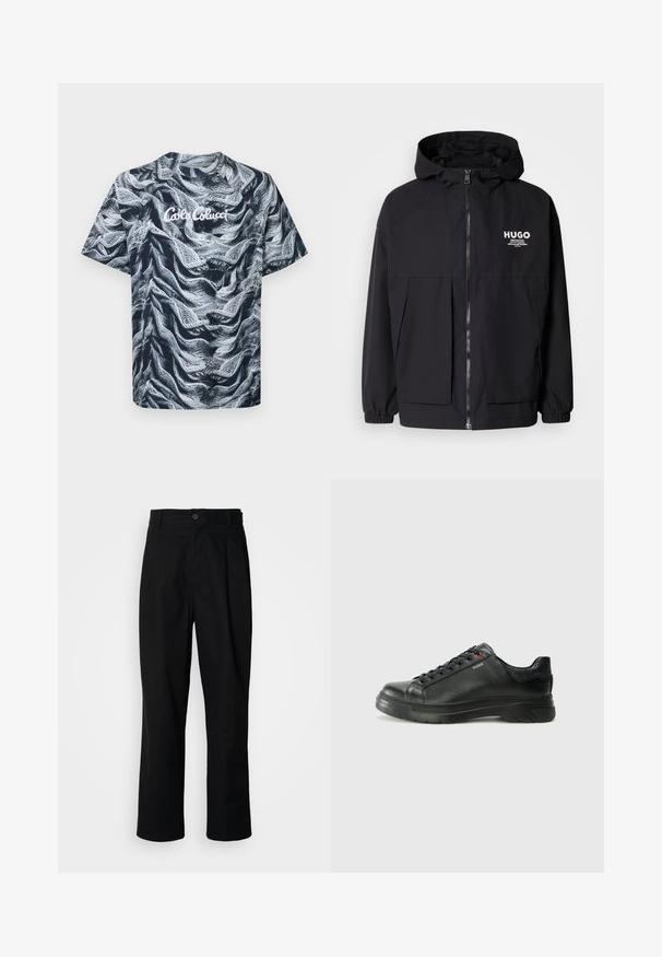 Črna kapuca jakna z full front zadrgo, elastičnimi manšetami in dvema sprednjima žepoma. Natisnjena logo na levi prsni strani. Gladka tekstura.; T-maica s kratkimi rokavi in okroglim izrezom, ki ima teksturiran abstrakten vzorec v črni in beli barvi, z napisom "Cabo Colucci" v belem.; Črne hlače ravnega kroja z gumbastim pasom, zanke za pas in sprednjim pregibom, prikazane na enobarvnem belem ozadju.; Črne usnjene superge z teksturiranim zgornjim delom, podloženim ovratnikom in rdečim logotipom. Imajo debel gumijast podplat z izrazitim vzorcem.