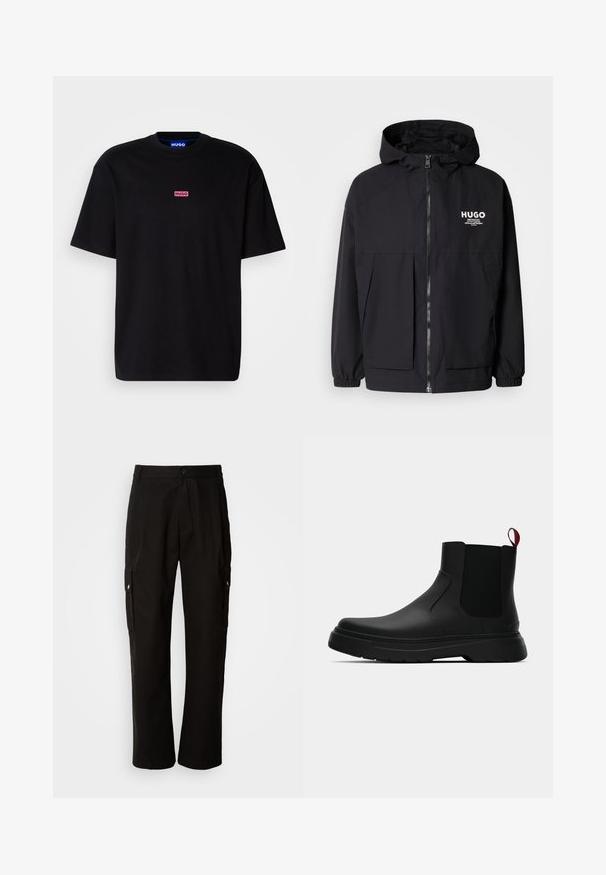 Melnā kapuce jaka ar pilnu priekšējo rāvējslēdzēju, elastīgām piedurknēm un divām priekšējām kabatām. Izdrukāts logo kreisajā krūtī. Gluda tekstūra.; Melna kokvilnas T-kreklu ar apaļu kakla izgriezumu, īsām piedurknēm un rozā taisnstūrveida "HUGO" logotipu uz krūtīm.; Melnas kokvilnas kravas bikses ar brīvu piegriezumu, ar sānu kabatām, pogu aizdari un taisnām kājām. Vienkāršs dizains bez rakstiem.; Melnas potītes ar gludu apdari, elastīgiem sānu paneļiem un kontrastējošu sarkano cilpu, aprīkotas ar biezu gumijas zoli un noapaļotu purngalu.