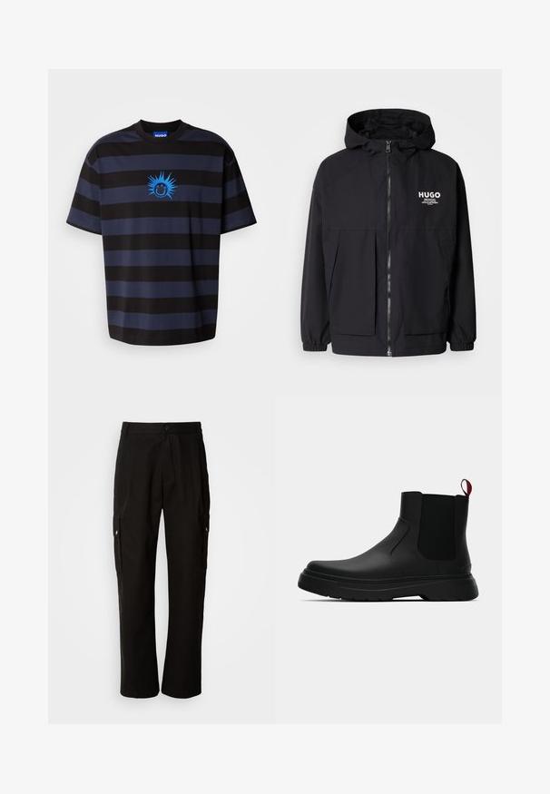 Μαύρο μπουφάν με κουκούλα που διαθέτει πλήρες μπροστινό φερμουάρ, ελαστικές μανσέτες και διπλές μπροστινές τσέπες. Εκτυπωμένο λογότυπο στο αριστερό στήθος. Απαλή υφή.; Μαύρη και ναυτική καρό μπλούζα με στρογγυλή λαιμόκοψη. Περιλαμβάνει ένα μπλε γραφικό χαρούμενου προσώπου με ακανθώδεις λεπτομέρειες. Κατασκευασμένη από μαλακό ύφασμα.; Μαύρο cargo παντελόνι από βαμβάκι με χαλαρή εφαρμογή, διαθέτει πλαϊνές τσέπες, κλείσιμο με κουμπί και ίσια πόδια. Απλό σχέδιο χωρίς μοτίβα.; Μαύρη αστράγαλη μποτάκι με λείο φινίρισμα, ελαστικές πλευρικές πάνελ και εναν αντίθετο κόκκινο χερούλι, με παχιά καουτσούκ σόλα και στρογγυλή μύτη.