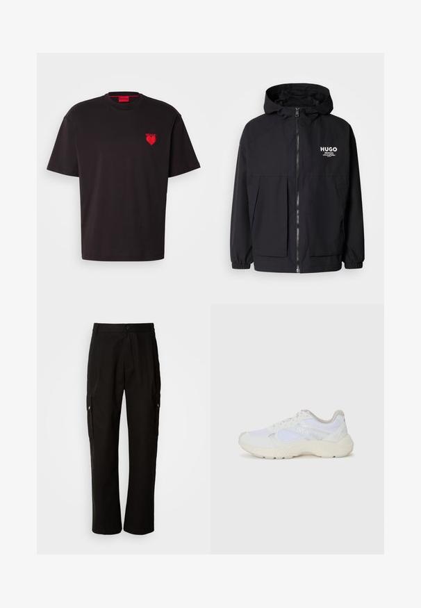Crna kapuljača s punim prednjim zatvaračem, elastičnim rukavima i dvostrukim prednjim džepovima. Ispisani logo na lijevoj strani prsnog koša. Glatka tekstura.; Crna pamučna majica s okruglim izrezom i kratkim rukavima, s grafikom crvenog srca i tekstom "HUGO" na lijevoj strani prsnog koša.; Crne cargo hlače od pamuka s opuštenim krojem, koje imaju bočne džepove, kopčanje na gumb i ravne nogavice. Jednostavan dizajn bez uzoraka.; Bijele atletske tenisice napravljene od mrežastog materijala i kože antilop, s teksturiranom srednjom potplatom, teksturiranim detaljima i "HUGO" logotipom sa strane.