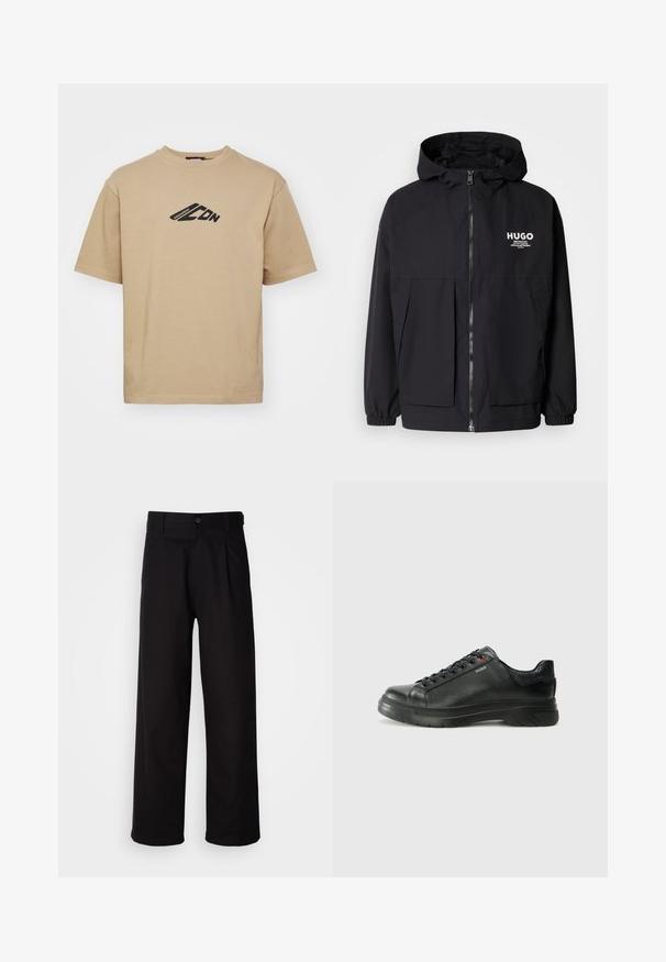 Svart hettegenser med full frontglidelås, elastiske mansjetter og doble frontlommer. Trykt logo på venstre bryst. Glatt tekstur.; Beige t-skjorte laget av bomull, med rund hals og korte ermer. Svart grafisk design på brystet med merkeinskripsjon.; Sorte bukser laget av glatt stoff, med rett ben-design, frontfold og en enkelt knapplukking i midjen.; Svarte lærsneakers med teksturert overdel, polstret krage og rød logodetalj. Har en tykk gummisåle med tydelig mønster.